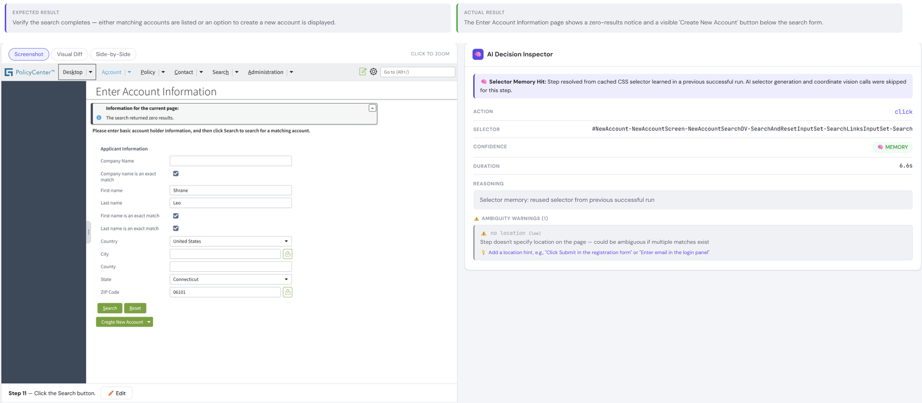 Spec2RunAI run against Guidewire PolicyCenter: the Enter Account Information screen with the step's expected result (verify the search completes) and actual result (zero-results notice and a Create New Account button), beside the AI Decision Inspector showing the step resolved from selector memory with the PolicyCenter selector, confidence, duration, reasoning, and an ambiguity warning suggesting a location hint